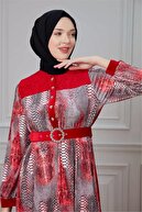 PHELDA Leila Piton Desenli Kadife Elbise 699-kırmızı