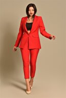 Modakapimda Kadın Kırmızı Ceket Pantolon Takım