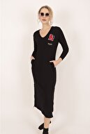 BUKETLİ Kadın Siyah Çift Yırtmaçlı Örme Maxi Elbise