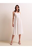 Jimmy Key Kadın Beyaz Düz Kesim Açık Yaka Askılı Midi Vual Elbise
