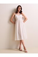 Jimmy Key Kadın Beyaz Düz Kesim Açık Yaka Askılı Midi Vual Elbise