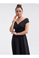 giyimmasalı Kayık Yaka Kiloş Elbise - Siyah