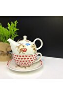 Vadi 4 Parça Kırmızı Beyaz Maymun Figürlü Çay Ve Kahve Fincanı + Porselen Demlik