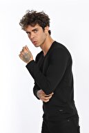 Fabregas Siyah Slim Fit Likralı V Yaka Basic Uzun Kollu T-shirt