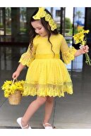 Riccotarz Kız Çocuk Prenses Güpürlü Sarı Elbise