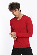 Fabregas Kırmızı Slim Fit Likralı V Yaka Basic Uzun Kollu T-shirt