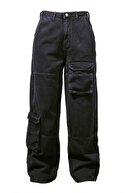 Y2k Recycled Black Cargo Pocket Wıde Leg Jeans