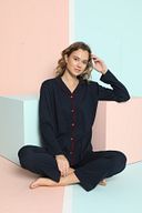Bayan Gömlek Uzun Kol Lacivert Pijama Takımı