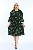 1fazlası Kadın Büyük Beden Yeşil Volan Kol Krep Kumaş Elbise