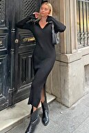 Siyah Polo Yaka Kol Detay Kadın Triko Midi Elbise
