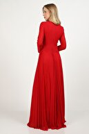 THREE'S Plise Ve Dantel Detaylı Maxi Elbise 551-kırmızı