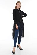 ZİNCiRMODA Kadın Siyah Fermuarlı Tül Garnili Ceket Bayan Triko Uzun Mevsimlik Ceket