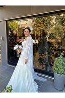 Mediha Cambaz Bridal Marıa Ipek Şifon Drape Detaylı Kruvaze Yaka Helen Sade Düz Kesim Gelinlik