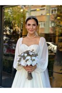 Mediha Cambaz Bridal Marıa Ipek Şifon Drape Detaylı Kruvaze Yaka Helen Sade Düz Kesim Gelinlik