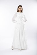 THREE'S Tül Ve Şifon Kombin Pilise Detaylı Fırfırlı Abiye Elbise 575-beyaz