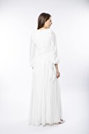 THREE'S Tül Ve Şifon Kombin Pilise Detaylı Fırfırlı Abiye Elbise 575-beyaz