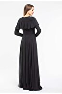 THREE'S Boncuk Işlemeli Anvelop Detaylı Abiye Elbise 565-siyah