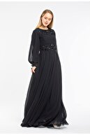 THREE'S Boncuk Işlemeli Balon Kol Abiye Elbise 540-siyah