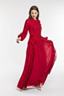 THREE'S Tül Ve Şifon Kombin Pilise Detaylı Fırfırlı Abiye Elbise 575-kırmızı
