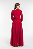 THREE'S Tül Ve Şifon Kombin Pilise Detaylı Fırfırlı Abiye Elbise 575-kırmızı