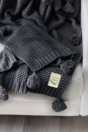 پتوی تلویزیونی بافتنی کوکو برنجی پرتاب مبل بافتنی آنتراسیت با پومپوم-thumb