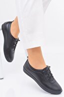 MelikaWalker Full Comfort Ve Ortopedik Bayan Siyah Günlük Rahat Lastik Bağcıklı Hava Alabilen Bayan Ayakkabı