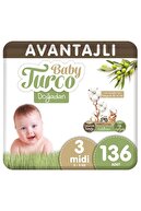 Baby Turco Doğadan Avantajlı Bebek Bezi 3 Numara Midi 136 Adet