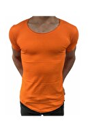 BYBÜLENT Erkek Oval Yaka Tişört Açık Yaka Likralı Slim Fit T-shirt Turuncu Vr051