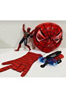 Spiderman Vantuz Atan Eldiven+ışıklı Maske+18 Cm Işıklı Figür 3 Lü Set Oyuncak Spiderman