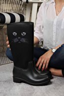 Ccway Kadın Siyah Kedili Yağmur Çizmesi