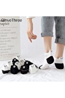 çorapmanya Kadın 5 Çift Siyah ve Beyaz Panda Desenli Nakışlı Patik Çorap
