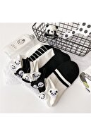 çorapmanya Kadın 5 Çift Siyah ve Beyaz Panda Desenli Nakışlı Patik Çorap