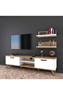 Rani Mobilya Rani A5 Duvar Raflı Kitaplıklı Tv Ünitesi Modern Ayaklı Tv Sehpası Beyaz Ceviz M48