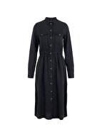 Pieces Kadın Taşlanmış Siyah Yırtmaçlı Düğmeli Elbise