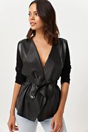 Cool & Sexy Kadın Siyah Kontrast Suni Derili Ceket ST584