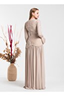 THREE'S Kadın Vizon Dantel ve Pilise Detaylı Uzun Elbise