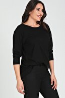 Moda Cazibe Kadın Siyah Sırt Çapraz Pul Şerit Uzun Kol Bluz M9279