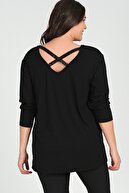 Moda Cazibe Kadın Siyah Sırt Çapraz Pul Şerit Uzun Kol Bluz M9279
