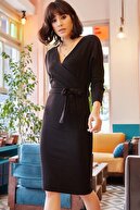 Olalook Kadın Siyah Kruvaze Kuşaklı Triko Elbise ELB-19000827