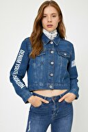 Koton Kadın Mavi Yazılı Baskılı Jean Ceket
