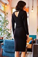 Olalook Kadın Siyah Kruvaze Kuşaklı Triko Elbise ELB-19000827