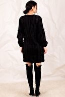 armonika Kadın Siyah Kolu Balonlu Kadife Elbise ARM-20K001107