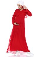 Moda Labio Melek Kol Tesettür Hamile Elbisesi Kırmızı