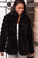 Trend Alaçatı Stili Kadın Siyah Peluş Suni Kürk Ceket ALC-X3037