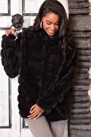 Trend Alaçatı Stili Kadın Siyah Peluş Suni Kürk Ceket ALC-X3037
