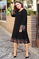 Moda Cazibe Kadın Siyah Çiçek Güpürlü Elbise M9247
