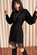 Olalook Kadın Siyah Dantel Detaylı Beli Lastikli Triko Elbise ELB-19000895