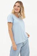 Sementa Kadın Mavi V Yaka Arkası Uzun Dökümlü T-Shirt