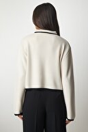 ژاکت کش باف پشمی با طرح راه راه کرم زنانه YY00160-thumb