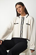 ژاکت کش باف پشمی با طرح راه راه کرم زنانه YY00160-thumb